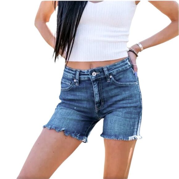 KanCan Medium Rise Distressed Denim Shorts with Frayed Hem Size 28 - Picture 1 of 11